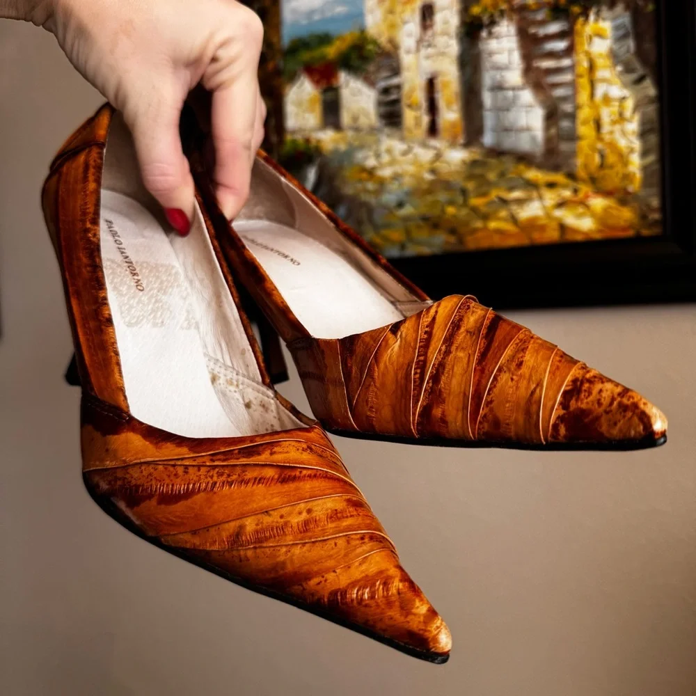 Paolo Iantorno Eel Skin Leather Heels Pointed Toe Brown 36